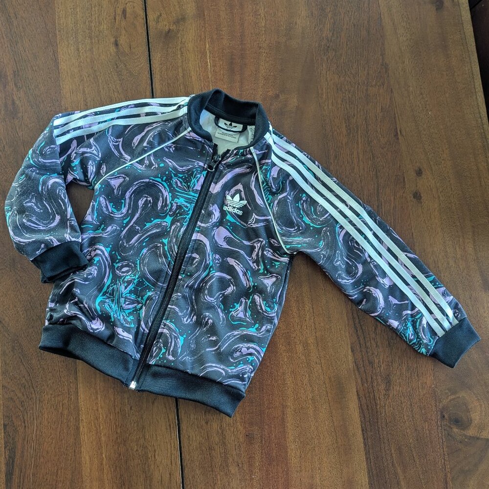 Adidas Originals Track Jacket in Black/Lilac/Seafoam Print 2-3T